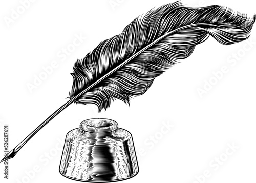 Quill Feather Ink Pen and Inkwell Vintage Woodcut