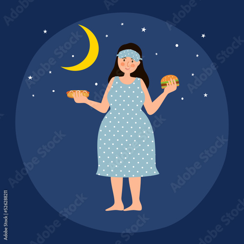 Female hungry at night in flat design. Unhealthy eating.