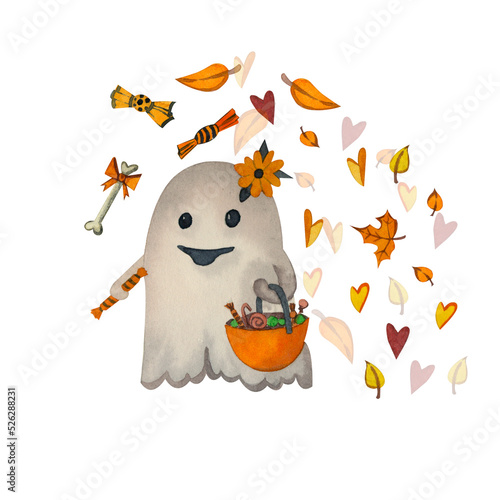 A composition of Halloween symbols hand-painted in watercolor  a cute ghost with a flower on its head  a basket of sweets and autumn leaves isolated on a white background.