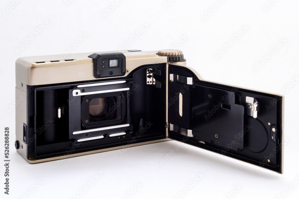 film camera with open back cover for loading film close-up on white background film camera with open back cover for loading film close-up on white background