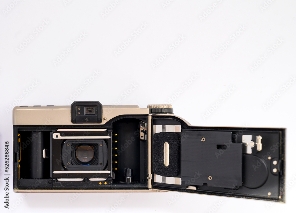 film camera with open back cover for loading film close-up on white background