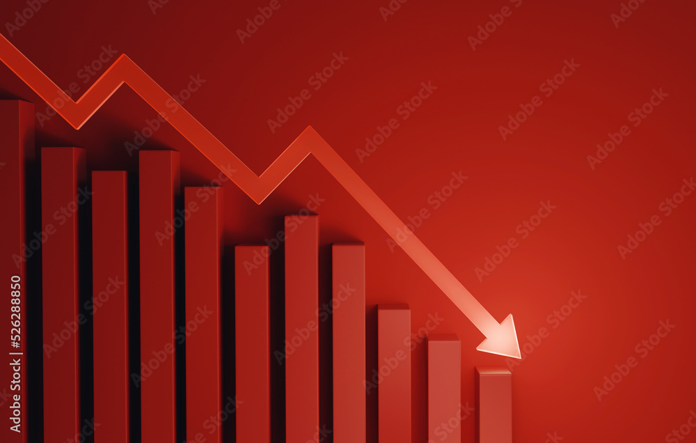Red arrow pointing down with declining bar graph on red background Red arrow pointing down with declining bar graph on red background