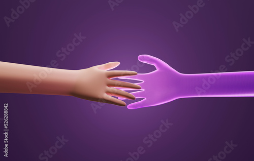 Hand in touch with hologram hand Virtual simulation in metaverse world.