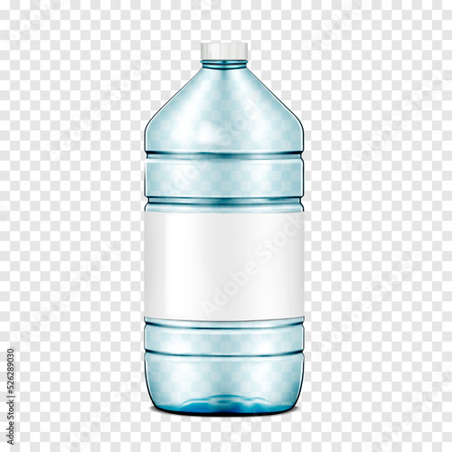 Empty large clear blue plastic water bottle with white screw cap and blank label on transparent background realistic vector mockup. Template for design