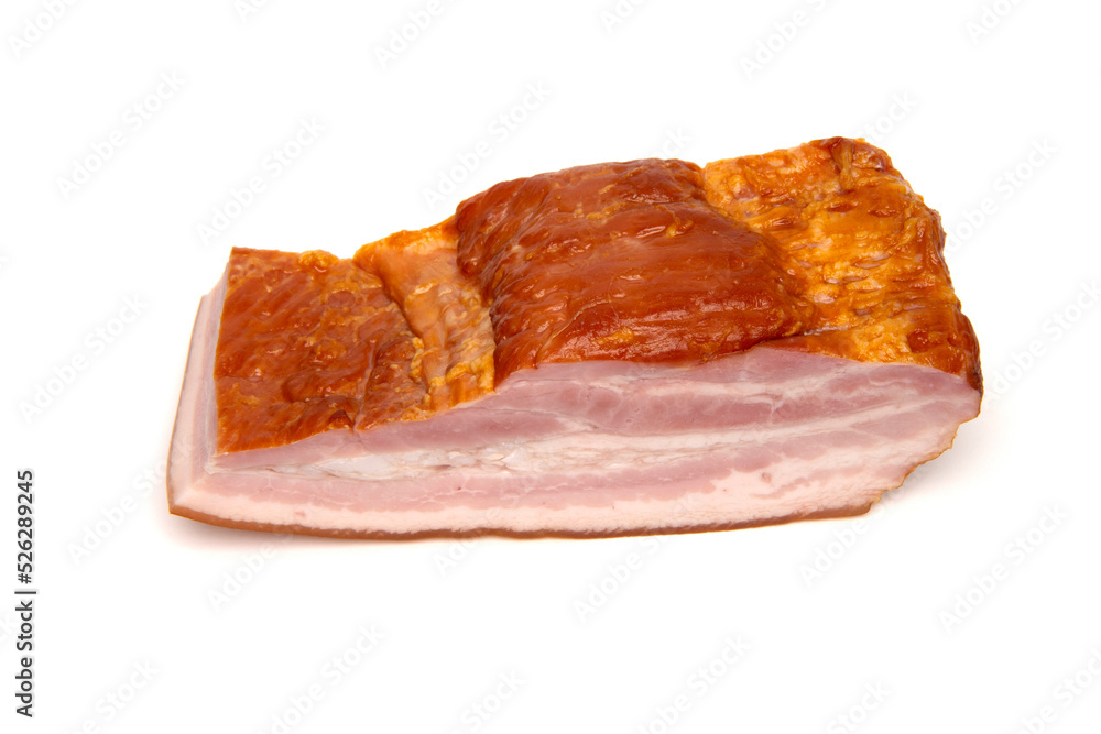 Smoked pork bacon on a white background Smoked pork bacon on a white background