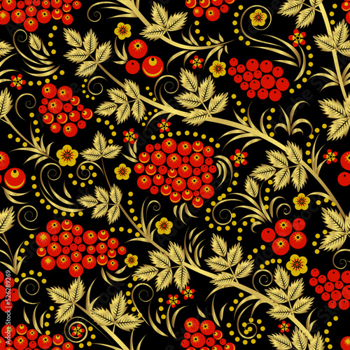 Vector seamless pattern in traditional Russian style. Seamless pattern background with rowanberry for fabrics, wallpaper, interior, wall-coverings.
