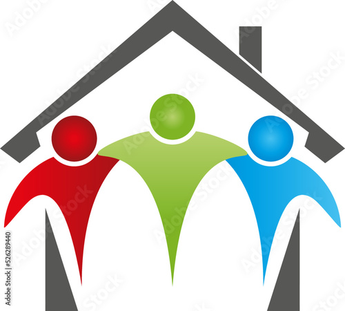 Haus und Drei Personen, Partner, Team, Freunde, Familie, Logo