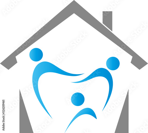 Haus und Drei Personen, Zahn, Zahnmedizin, Zahnarzt, Familie, Logo