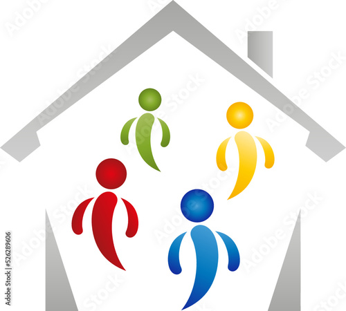 Haus und Vier Personen, Partner, Team, Freunde, Familie

