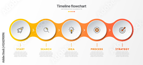 Timeline infographic design with 5 options or steps. Infographics for business concept. Can be used for presentations workflow layout, banner, process, diagram, flow chart, info graph, annual report.