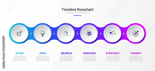Timeline infographic design with 6 options or steps. Infographics for business concept. Can be used for presentations workflow layout, banner, process, diagram, flow chart, info graph, annual report.