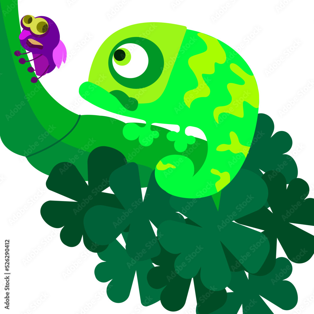 Naklejka premium Chameleon, cricket insect. Fun children vector illustration.
