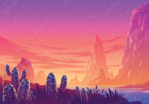 Beautiful canyon view of rock formations and cactus plants in neon colors