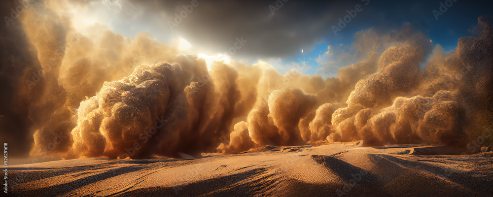 Dramatic sand storm in desert, thunderstorm, lightning. Abstract background. Digital art. - obrazy, fototapety, plakaty 