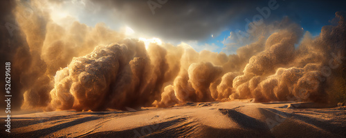 Fotografie, Obraz Dramatic sand storm in desert, thunderstorm, lightning