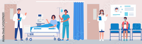 A doctors and a nurse treat young patients in а modern hospital. Medical workers characters design illustration