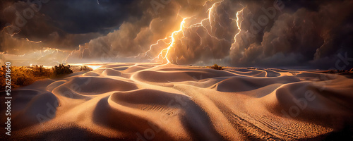 Fotografie, Obraz Dramatic sand storm in desert, thunderstorm, lightning