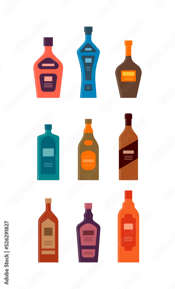 Bottle of whiskey vodka liquor brandy cognac rum. Graphic design for any purposes. Flat style. Color form. Party drink concept. Simple image shape. Bottle of whiskey vodka liquor brandy cognac rum. Graphic design for any purposes. Flat style. Color form. Party drink concept. Simple image shape.