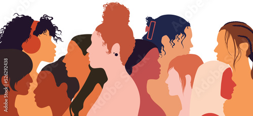 Community of women and girls from diverse cultures. Conversation and information sharing. Multiethnic diversity group of women and girls with profile of faces. Friendship. Vector flat illustration.