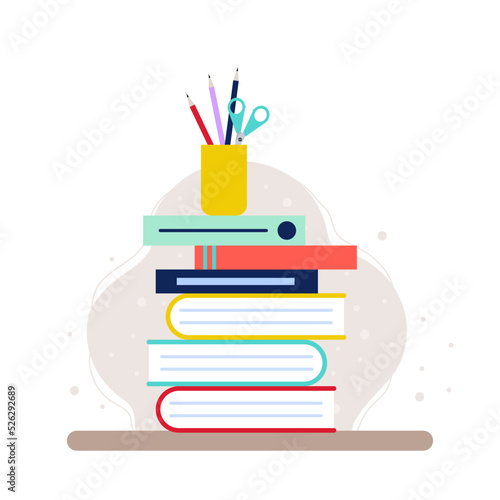 Back to school square banner. A pencil pot on top of a stack of books on desk. Concept of education, reading, homework. Vector illustration, flat design