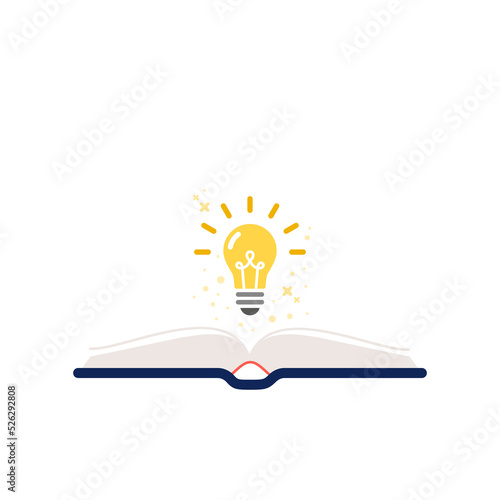 Open book with light bulb. Square banner. Concept of imagination, creativity, research, solution. Vector illustration, flat design