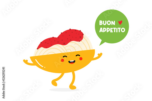 Cute happy spaghetti dish character with speech bubble saying Buon appetito, which translated as Enjoy your meal.