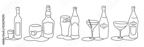 Vodka whiskey beer martini vermouth bottle and glass outline icon on white background. Black white cartoon sketch graphic design. Doodle style. Hand drawn image. Party drinks concept. Freehand drawing