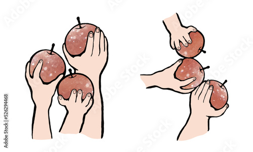 りんごを持つ手・みんなでいっしょにりんごを持つ手