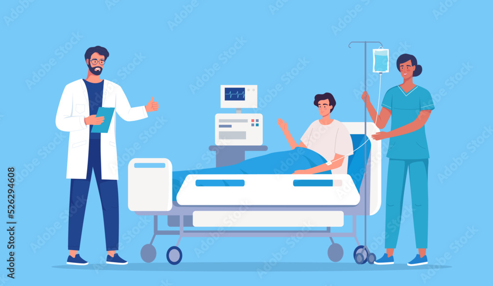 A doctor and a nurse treat young patient in а modern hospital. Medical workers characters design illustration with blue background