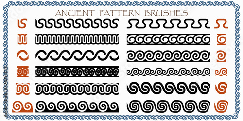 Ancient antique Greece brushes Isolated set Decoration patterns in black and white colors. Geometrical ethnic borders and frame Elements for tattoos, dividers, background