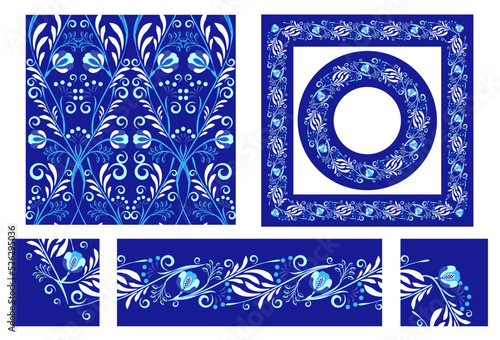 Elements in style classic dark blue cobalt porcelain painting Seamless pattern Border brush with corner items Round square frame floral ornament Oriental motif rustic ceramic