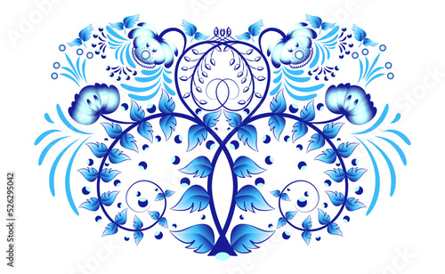 Single floral Element in style classic blue cobalt porcelain painting Bouquet of stylized flowers leaves and curls isolated on white background pattern Oriental motif rustic ceramic