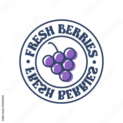Fresh berries organic vino labels food stickers and elements. Fresh berries inscription on cirle isolated on white background. Cute purple grape art icon	
