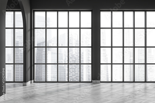 Grey empty hall in studio apartment, panoramic window on city view