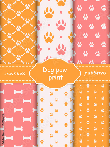 Dog paw print set of seamless patterns. Collection of zoo prints.