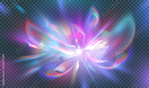 Rainbow prism flare lens realistic effect at violet background. Vector illustration of light refraction texture. Transparent background