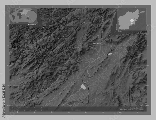 Ghazni, Afghanistan. Grayscale. Labelled points of cities photo