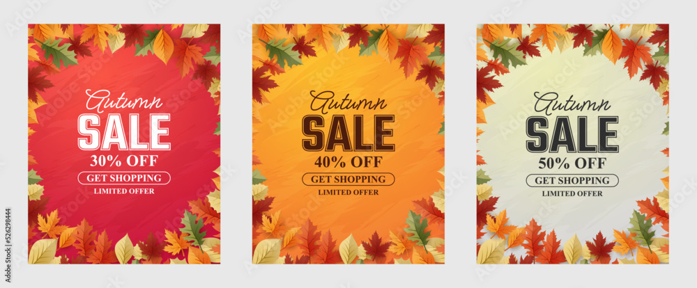 Autumn 2022 Sale Background, set of abstract backgrounds with leave frame, autumn sale, banner, posters, cover design templates, social media wallpaper stories - obrazy, fototapety, plakaty 
