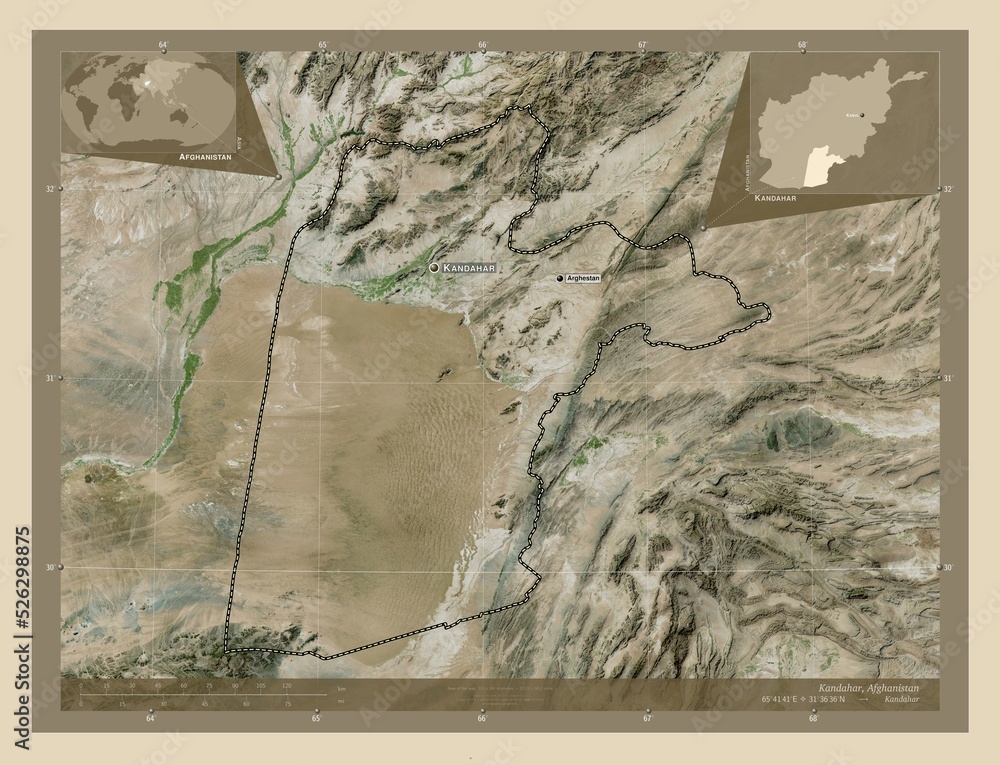 Fototapeta premium Kandahar, Afghanistan. High-res satellite. Labelled points of cities