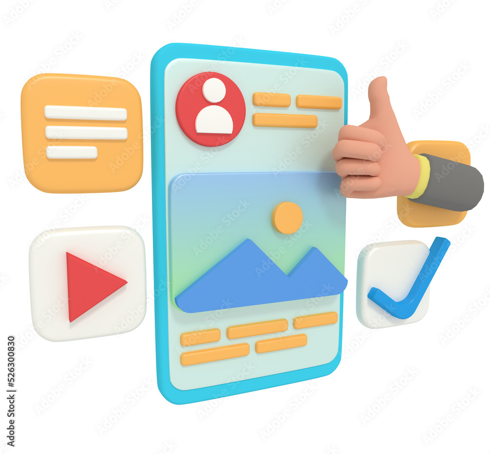 3d illustration thumbs up for profile on phone 3d illustration thumbs up for profile on phone