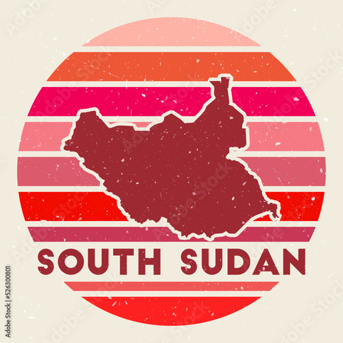 South Sudan logo. Sign with the map of country and colored stripes, vector illustration. Can be used as insignia, logotype, label, sticker or badge of the South Sudan.