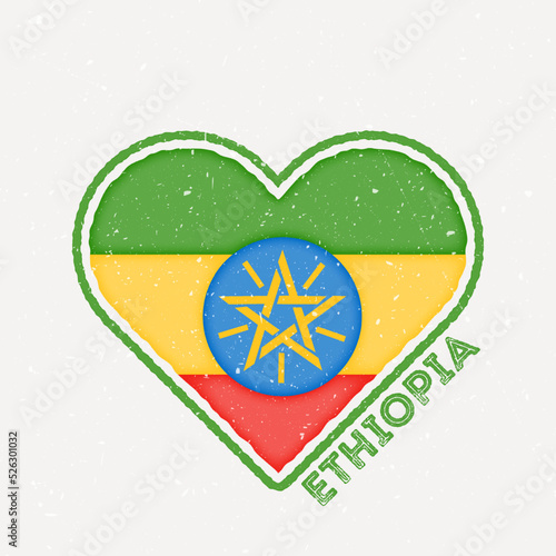 Ethiopia heart flag badge. Ethiopia logo with grunge texture. Flag of the country heart shape. Vector illustration.