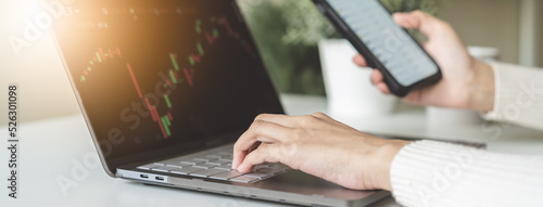 Obraz na plátně Financial investment in exchange stock concept, Young woman investor looking at laptop monitor to research the stock market on the digital marketplace platform at home