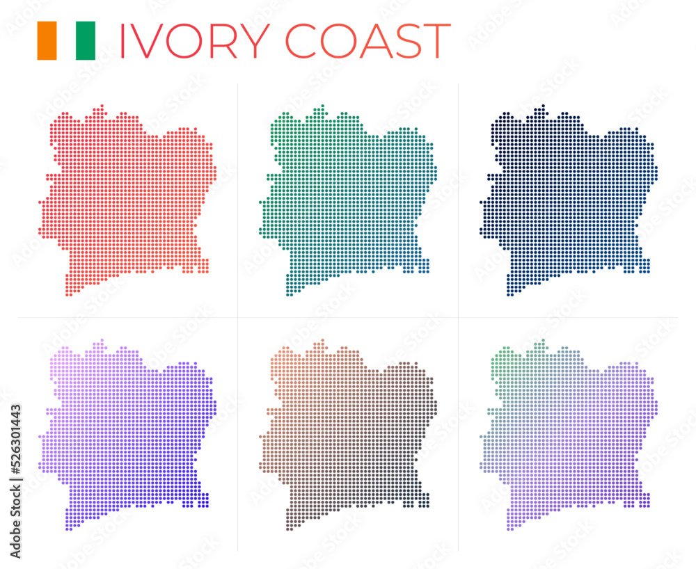 Ivory Coast dotted map set. Map of Ivory Coast in dotted style. Borders of the country filled with beautiful smooth gradient circles. Stylish vector illustration.