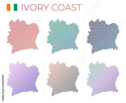 Ivory Coast dotted map set. Map of Ivory Coast in dotted style. Borders of the country filled with beautiful smooth gradient circles. Stylish vector illustration.