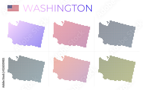 Washington dotted map set. Map of Washington in dotted style. Borders of the us state filled with beautiful smooth gradient circles. Amazing vector illustration.