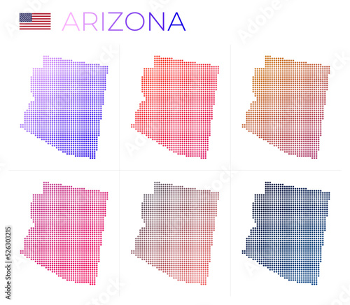 Arizona dotted map set. Map of Arizona in dotted style. Borders of the us state filled with beautiful smooth gradient circles. Artistic vector illustration.