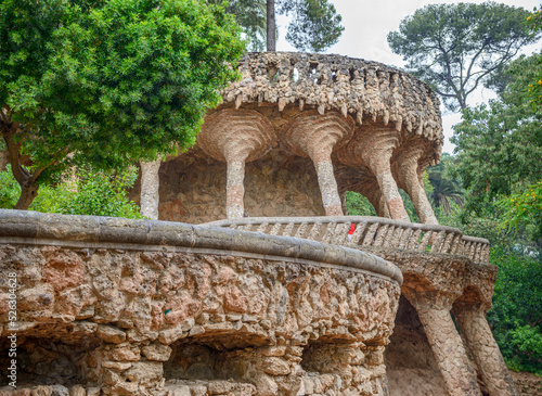 Terraces with decorative sloping columns in Park Güell, Barcelona, Catalonia.