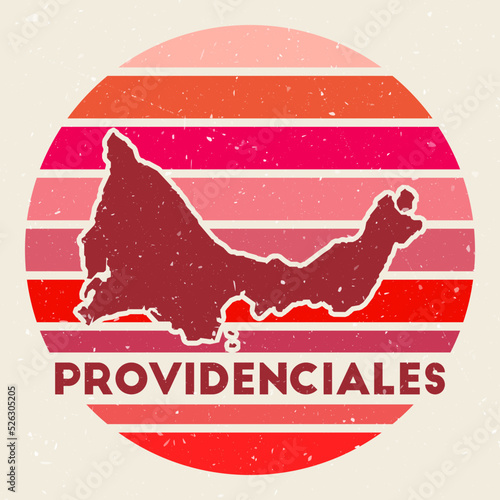 Providenciales logo. Sign with the map of the island and colored stripes, vector illustration. Can be used as insignia, logotype, label, sticker or badge of Providenciales.