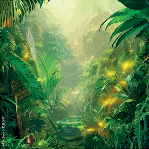 exotic foggy forest natural forest landscape. vector illustration . Landscape silhouette. Dense trees, lush spring, summer grass. Tropical forest with dense vegetation of trees, shrubs and vines.